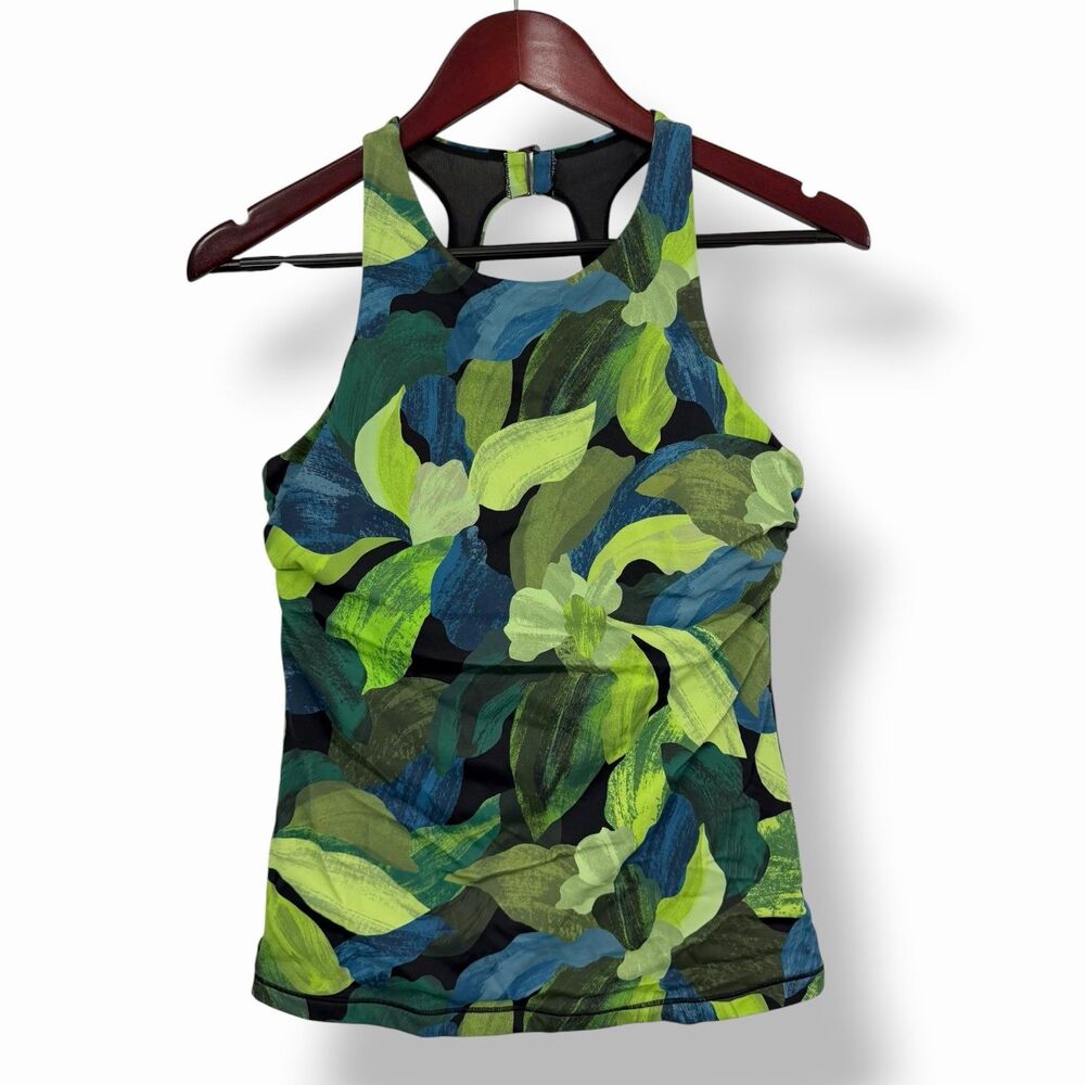 Athleta Maldives Tankini Top 36B/C Liana Floral Green High Neck Racerback Swim